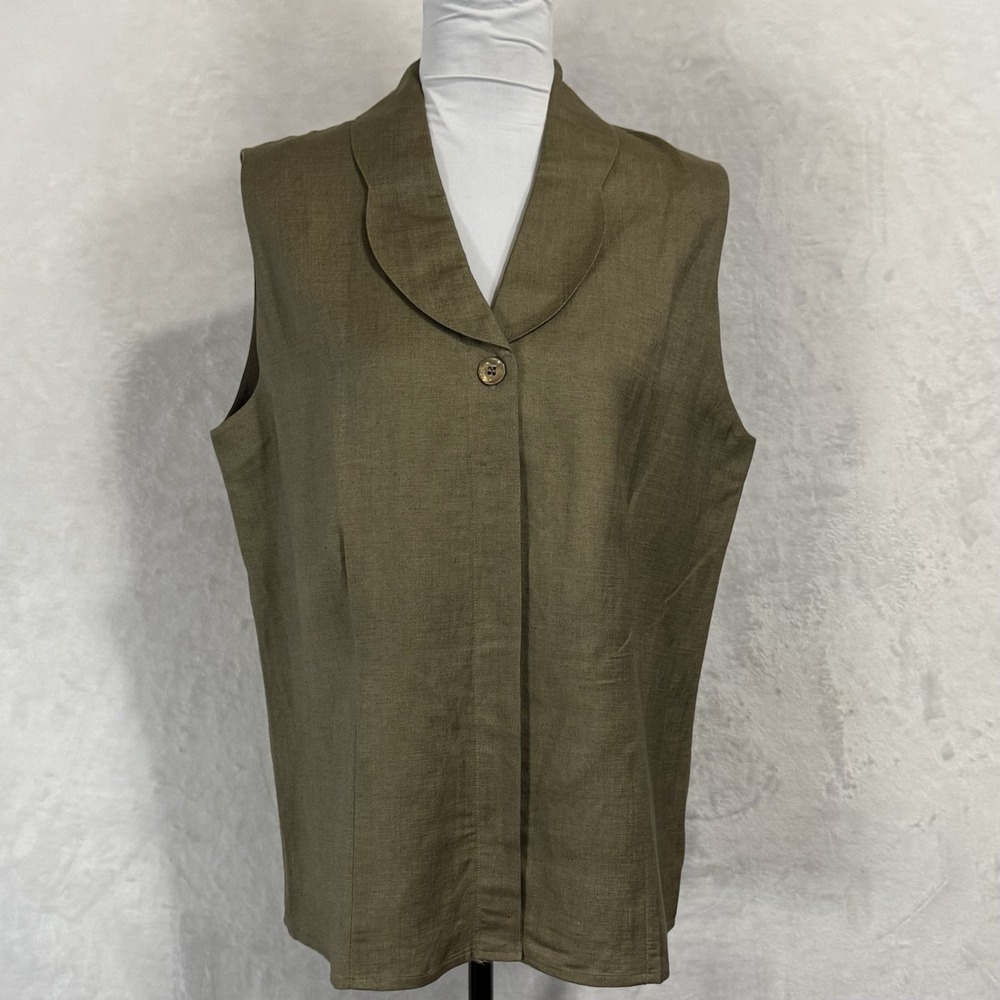 Linen Blend Button Down Sleeveless Olive Shirt - Picture 2 of 10